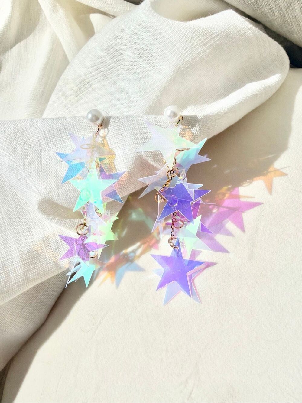 Iridescent Star Cascade Drop Earrings Pearl Y2K Celestial Statement